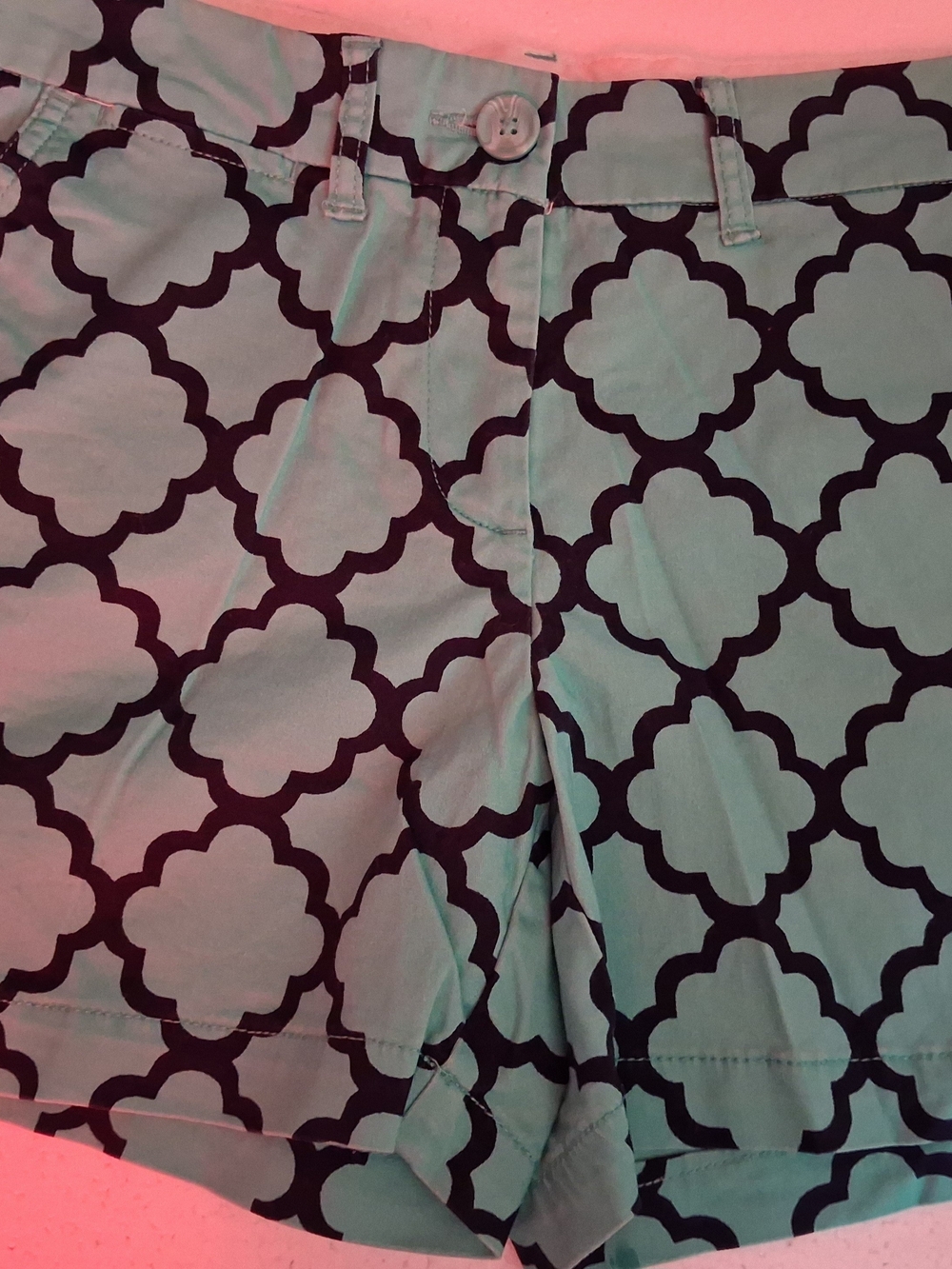 crown & ivy Mint Green Shorts with Black Quatrefoil Print